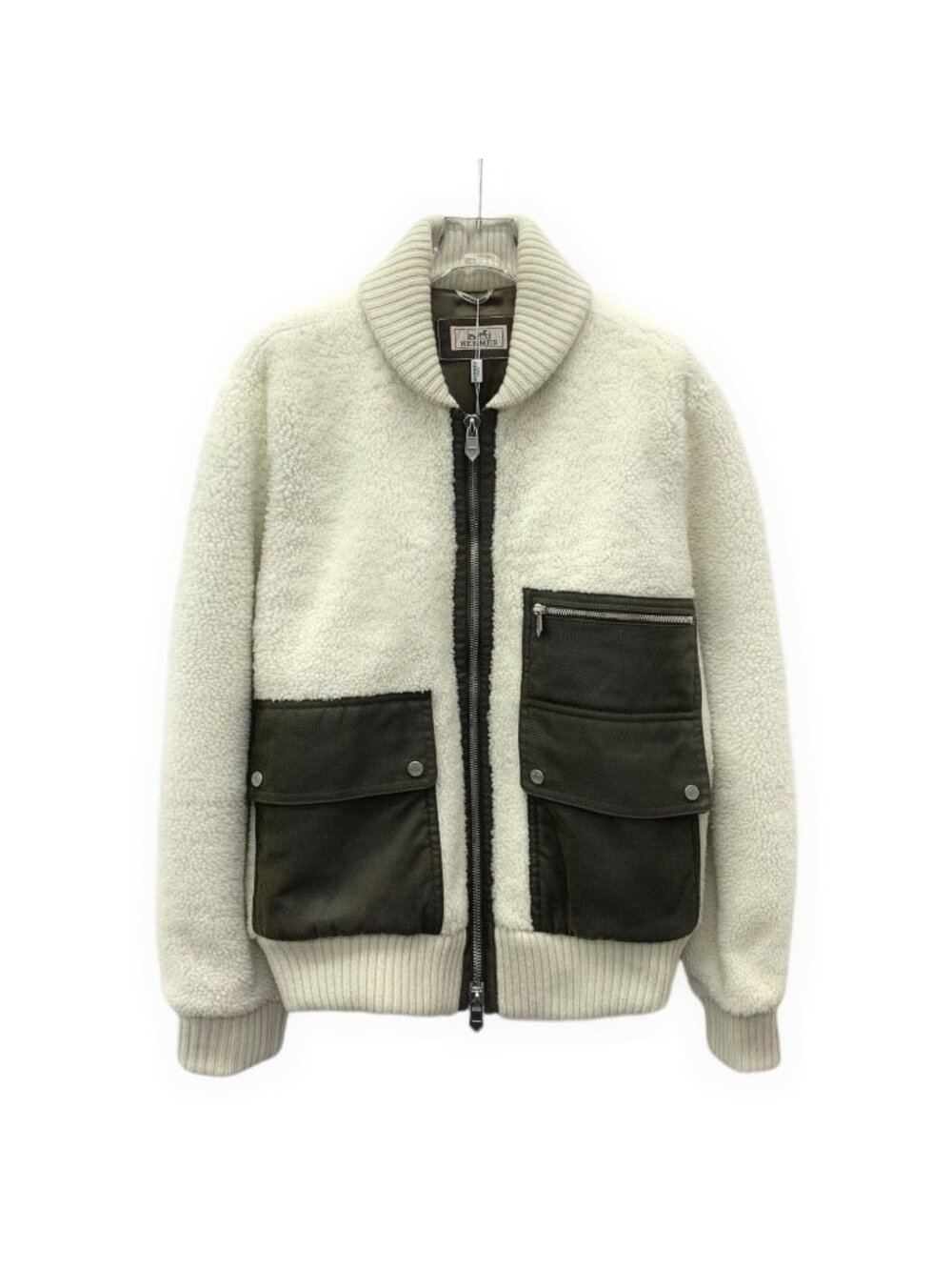 Hermès White Lapel Zip Wool Fur Baseball Jacket